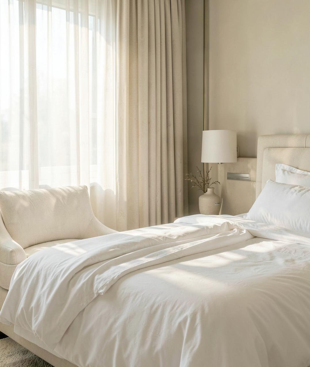 Dormitorio luminoso con ropa de cama blanca recién limpia
